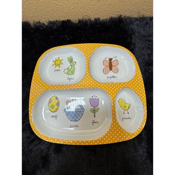 Baby Cie Divided  Plate With French Words & Easter Graphics Yellow - Picture 1 of 9